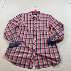 Talbots plaid shirt woman’s large long sleeve pink white button down shirt top